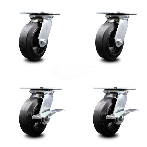 Service Caster 6 Inch Rubber on Steel Swivel Caster Set with Ball Bearings 2 Brakes SCC SCC-35S620-RSB-2-SLB-2